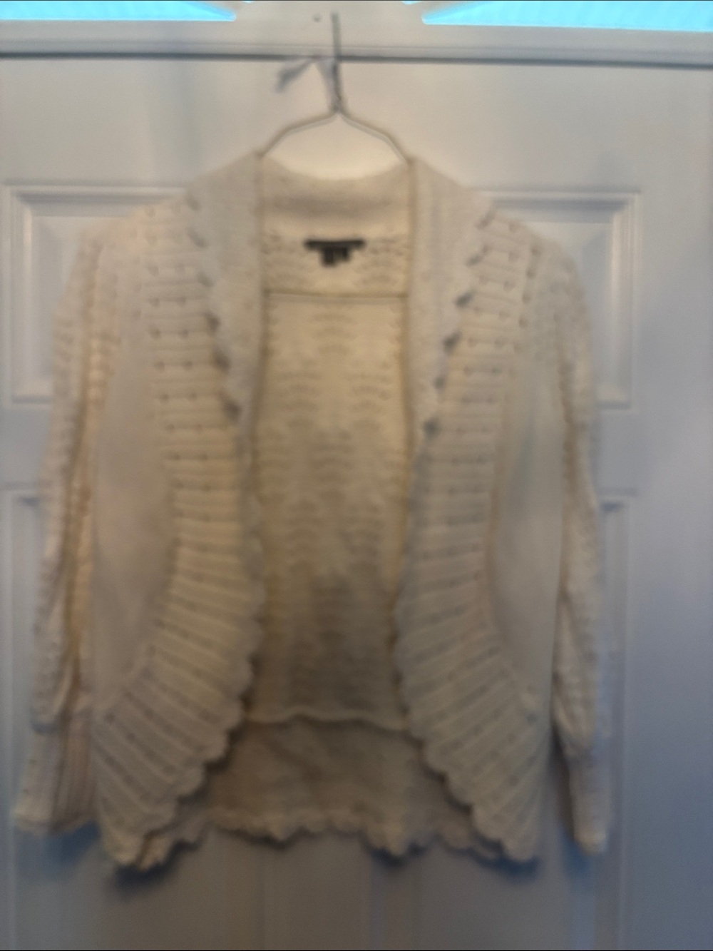 Open-Front Cream Knit Cardigan with Scalloped Edges